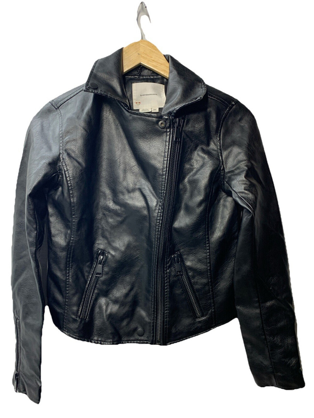 ANTHROPOLOGIE Faux Leather Moto Jacket Women's Long Sleeve with Pockets Size 2XS